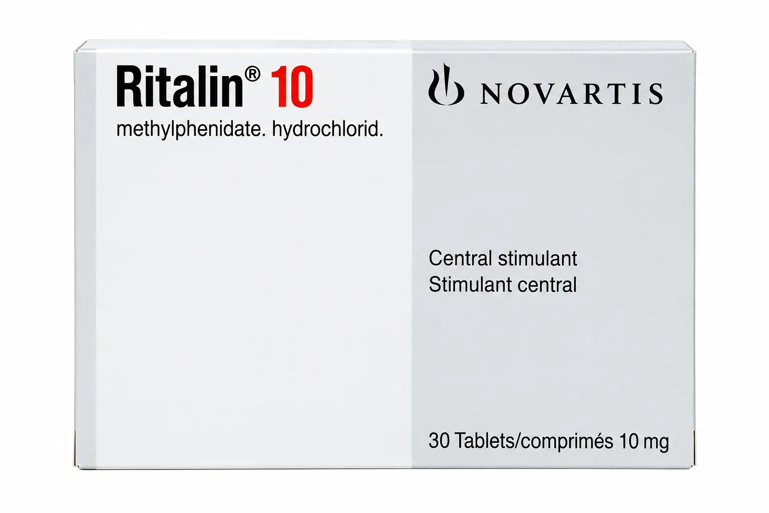 Ritalin 10 mg Novartis caja de tabletas de metilfenidato